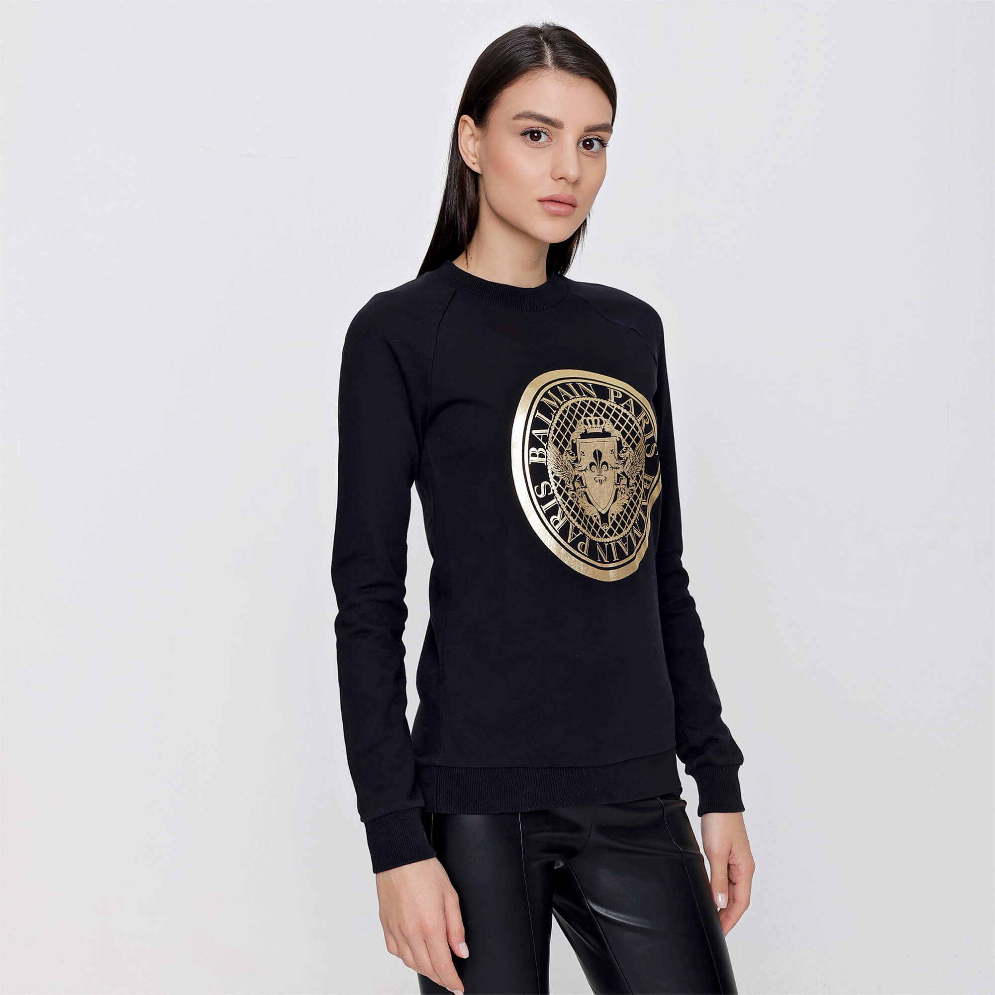 Balmain - Black Cotton Gold Tone Logo Print With Sweatshirt